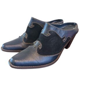 Navy blue leather suede western cowboy cowgirl slip on mules stacked heel size 8